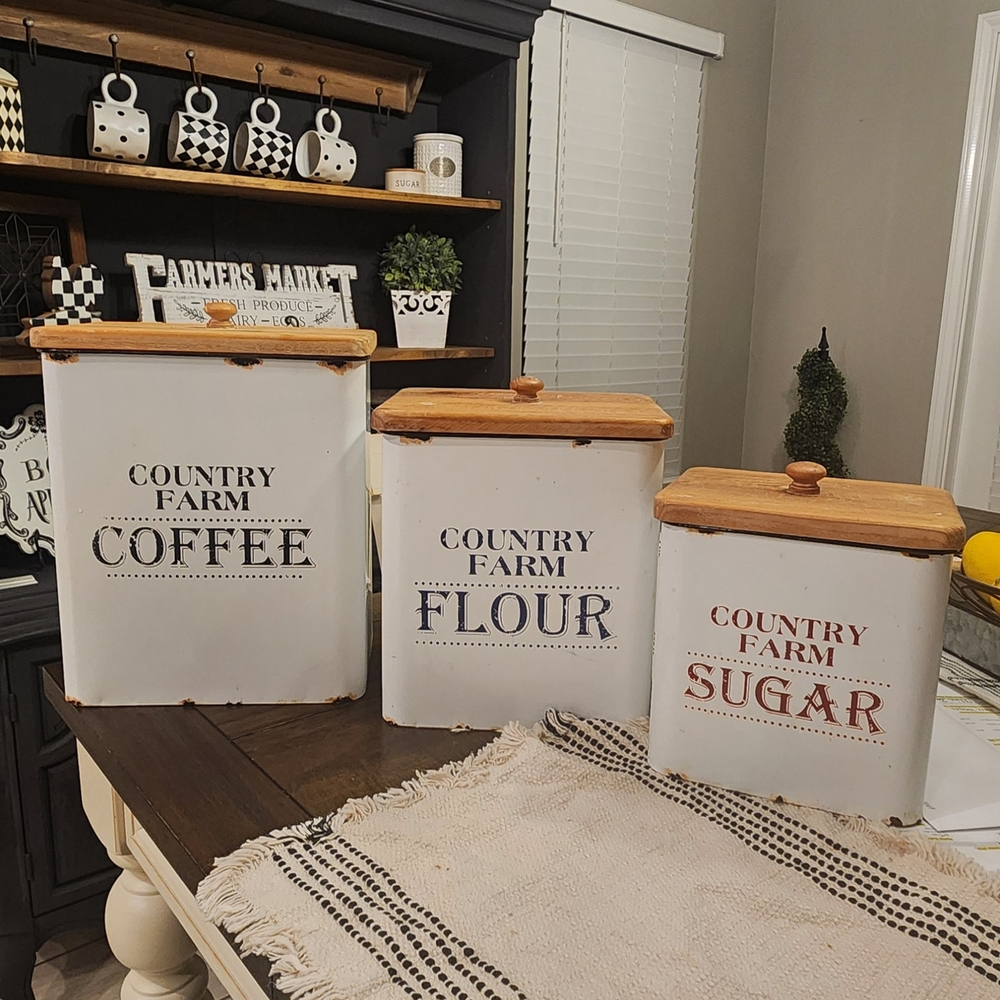 Country Farm Kitchen Canister Set - White with Wooden Lids